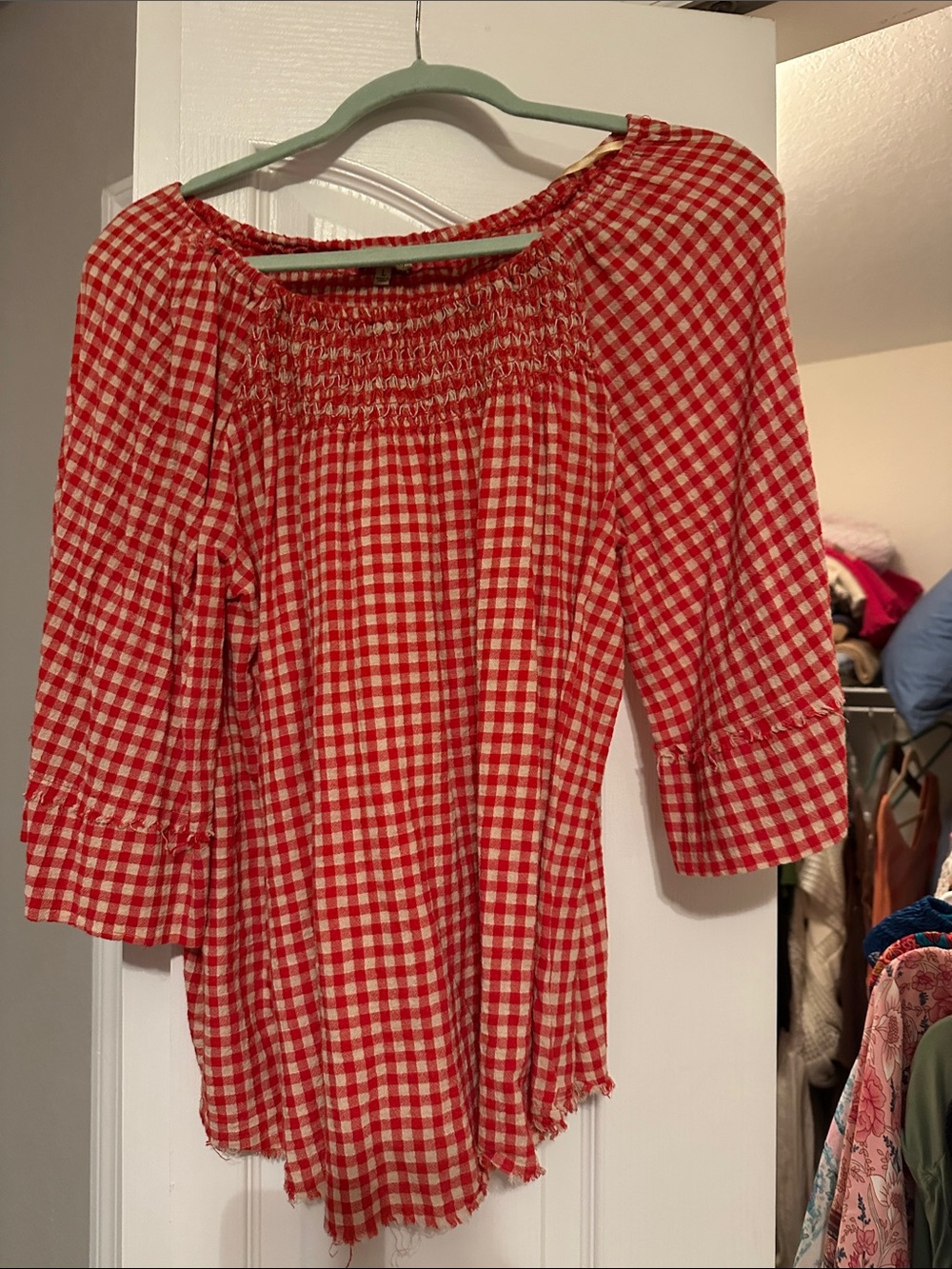 Democracy Red and White Gingham Smocked Off-Shoulder Blouse
